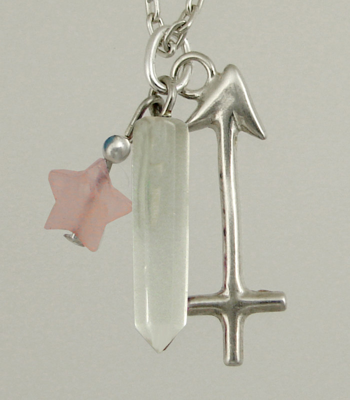 Sterling Silver Sagittarius Pendant Necklace With an Clear Crystal And a Rose Quartz Star